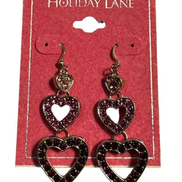 NWT Holiday Lane Silver-Tone Pave Heart Triple Drop Earrings - Picture 2 of 3